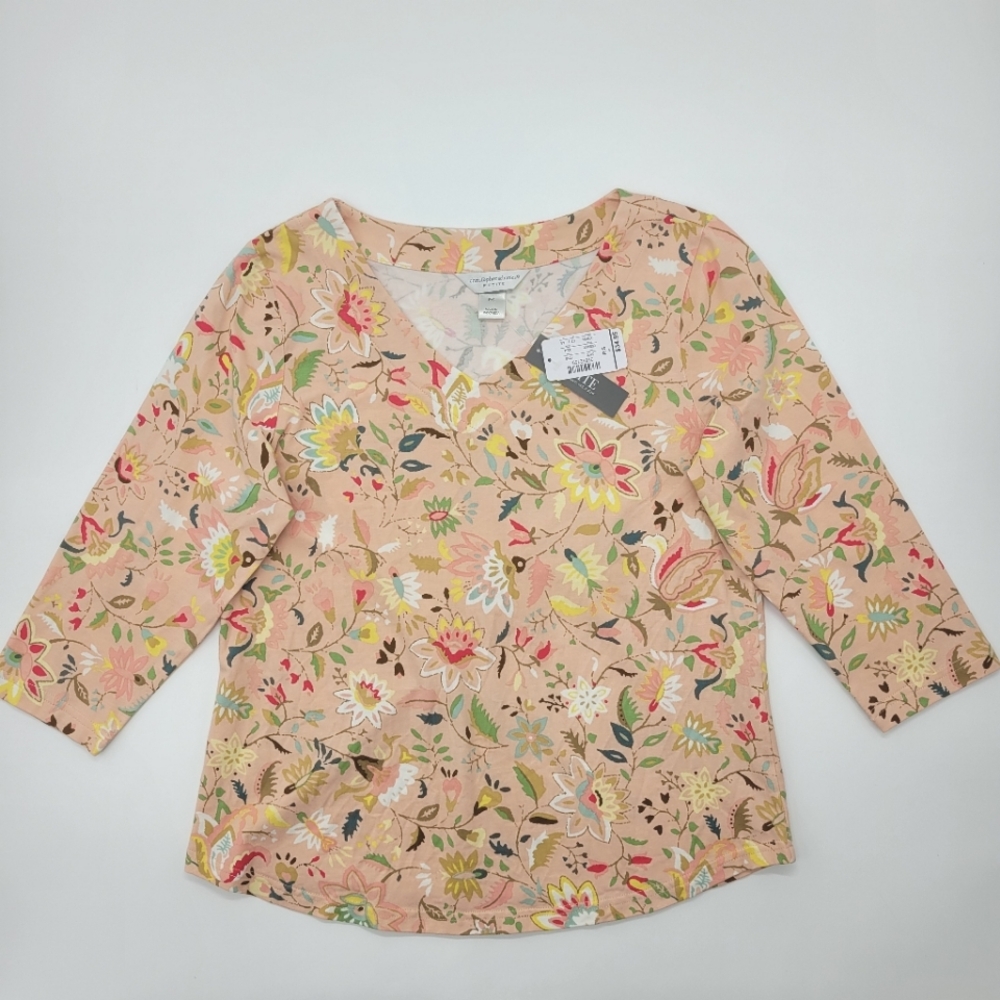 Christopher & Banks 3/4 Sleeve V Neck Tee Coral Floral Top Size Small Petite NEW